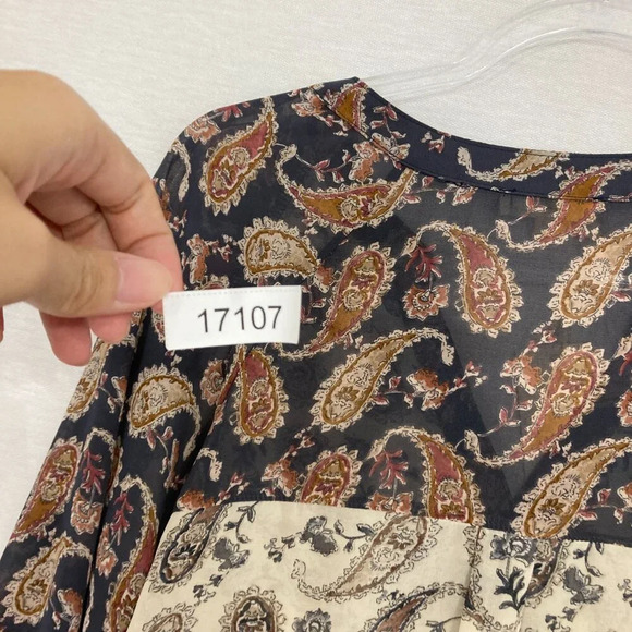 New Mystree Multi Color Paisley Tie Front Patchwork Boho Long Sleeve Top Large - Picture 10 of 10